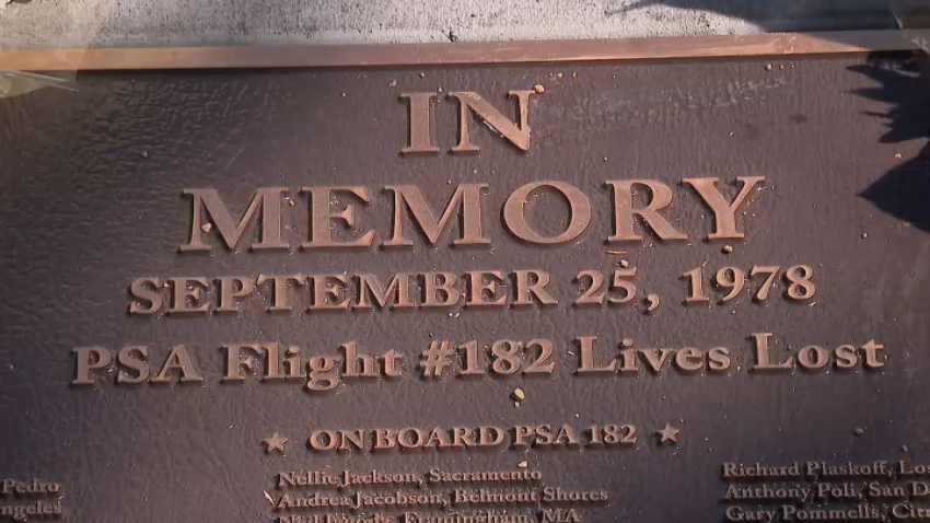 A memorial plaque built for the victims of a 1978 plane crash between a small plane and PSA flight 182.