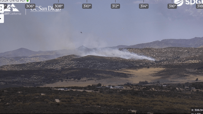 A wildfire dubbed "Church Fire" is seen burning in Campo, off of Church Road south of the Golden Acorn Casino on Sept. 7, 2024.