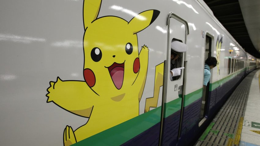 Pokemon game characters of Japanese video game manufacturer Nintendo are on display on a subway train car in Tokyo, Japan.