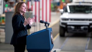 General Motors CEO Mary Barra speaks at the General Motors Factory ZERO electric vehicle assembly plant on November 17, 2021 in Detroit, Michigan.