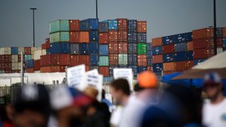 Dockworkers strike at the Bayport Container Terminal in Seabrook, Texas, on October 1, 2024. 