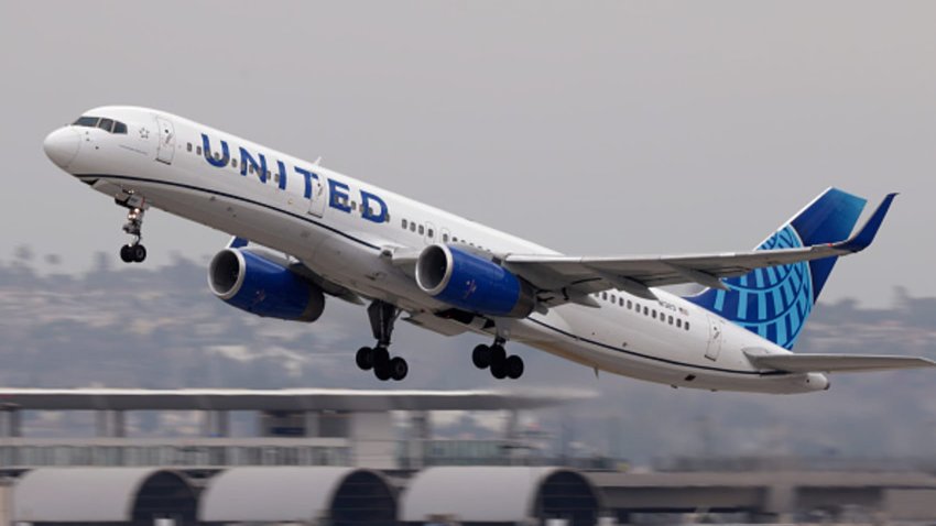 A United Airlines Boeing 757 departs from Los Angeles International Airport en route to New York on Sept. 19, 2024.