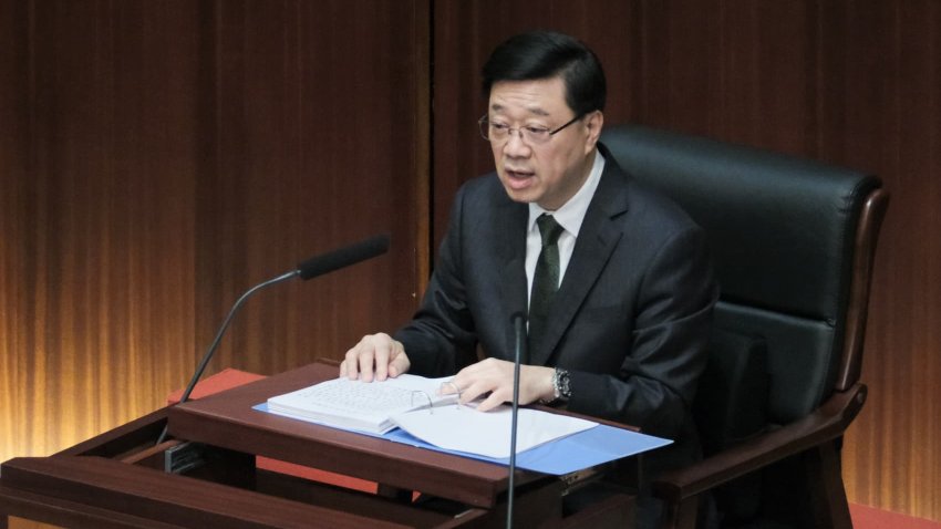 Hong Kong Chief Executive John Lee Ka-chiu delivers his annual policy address at the Legislative Council on Oct. 16, 2024 in Hong Kong.