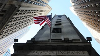 The New York Stock Exchange is seen during morning trading on October 04, 2023 in New York City. 