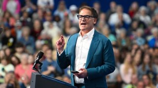 Entrepreneur Mark Cuban speaks at a campaign event for US Vice President Democratic presidential nominee Kamala Harris at University Wisconsin-La Crosse in La Crosse, Wisconsin, on October 17, 2024.