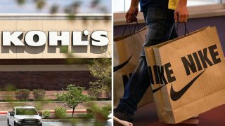 An exterior view of the Kohl’s store at the Paxton Town Centre near Harrisburg. A customer walks with a Nike shopping bag.