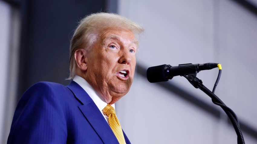 Republican presidential nominee, former U.S. President Donald Trump gives remarks on border security inside an airplane hanger at the Austin-Bergstrom International Airport on October 25, 2024 in Austin, Texas. 