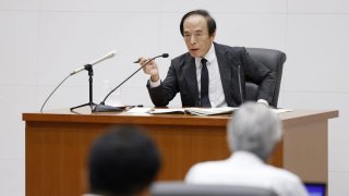 Kazuo Ueda, governor of the Bank of Japan (BOJ), speaks during a news conference at the central bank’s headquarters in Tokyo, Japan