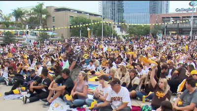 Padres fans gather at Gallagher Square for postseason watch party