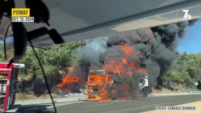 RV full engulfed in flames, leads to brush fire in Poway