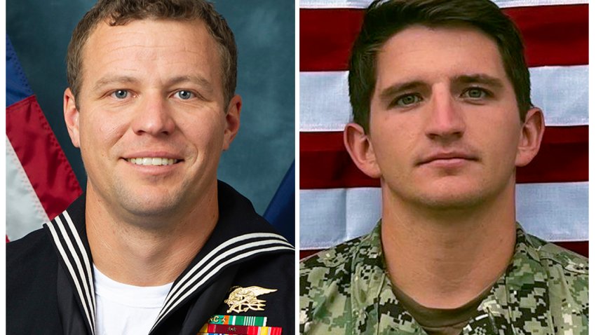 FILE – This combo image, provided by the Department of Defense, shows Navy Special Warfare Operator 1st Class Christopher J. Chambers, left, and Navy Special Warfare Operator 2nd Class Nathan Gage Ingram, right. Chambers and Ingram died while boarding an unflagged ship carrying illicit Iranian-made weapons to Yemen, Jan. 11, 2024, in the Arabian Sea.