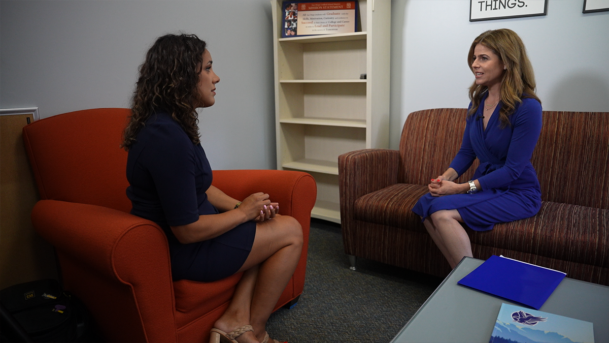 NBC 7 investigative reporter Alexis Rivas (left) interviewed SDUSD board president Shana Hazan (right) in October.