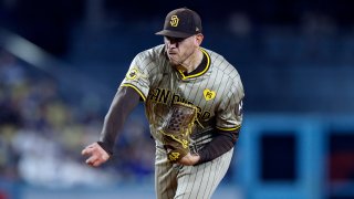 LOS ANGELES, CALIFORNIA – SEPTEMBER 26: Starting pitcher Joe Musgrove #44 of the San Diego Padres throws against the Los Angeles Dodgers during the first inning at Dodger Stadium on September 26, 2024 in Los Angeles, California. (Photo by Kevork Djansezian/Getty Images)