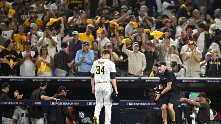 SAN DIEGO, CALIFORNIA – OCTOBER 01: Michael King #34 of the San Diego Padres walks back to the dugout against the Atlanta Braves during the sixth inning in Game One of the Wild Card Series at Petco Park on October 01, 2024 in San Diego, California. (Photo by Orlando Ramirez/Getty Images)