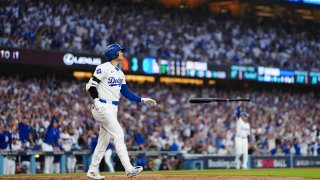 LOS ANGELES, CA – OCTOBER 05: Shohei Ohtani #17 of the Los Angeles Dodgers celebrates after hitting a three-run home run in the second inning during Game 1 of the Division Series presented by Booking.com between the San Diego Padres and the Los Angeles Dodgers at Dodger Stadium on Saturday, October 5, 2024 in Los Angeles, California. (Photo by Daniel Shirey/MLB Photos via Getty Images)