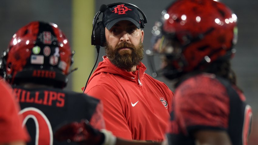 SAN DIEGO, CA – OCTOBER 05: San Diego State head coach Sean Lewis looks on during a college football game between the Hawai’i Rainbow Warriors and the San Diego State Aztecs on October 05, 2024, at Snapdragon Stadium in San Diego, CA. (Photo by Chris Williams/Icon Sportswire via Getty Images)