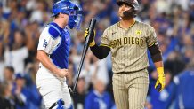 LOS ANGELES, CA - OCTOBER 05: San Diego Padres first baseman Donovan Solano (39) reacts after striking out with the base loaded in the 8th inning of game one of the National League Division Series game between the San Diego Padres and the Los Angeles Dodgers on October 5, 2024 at Dodger Stadium in Los Angeles, CA. (Photo by Brian Rothmuller/Icon Sportswire via Getty Images)