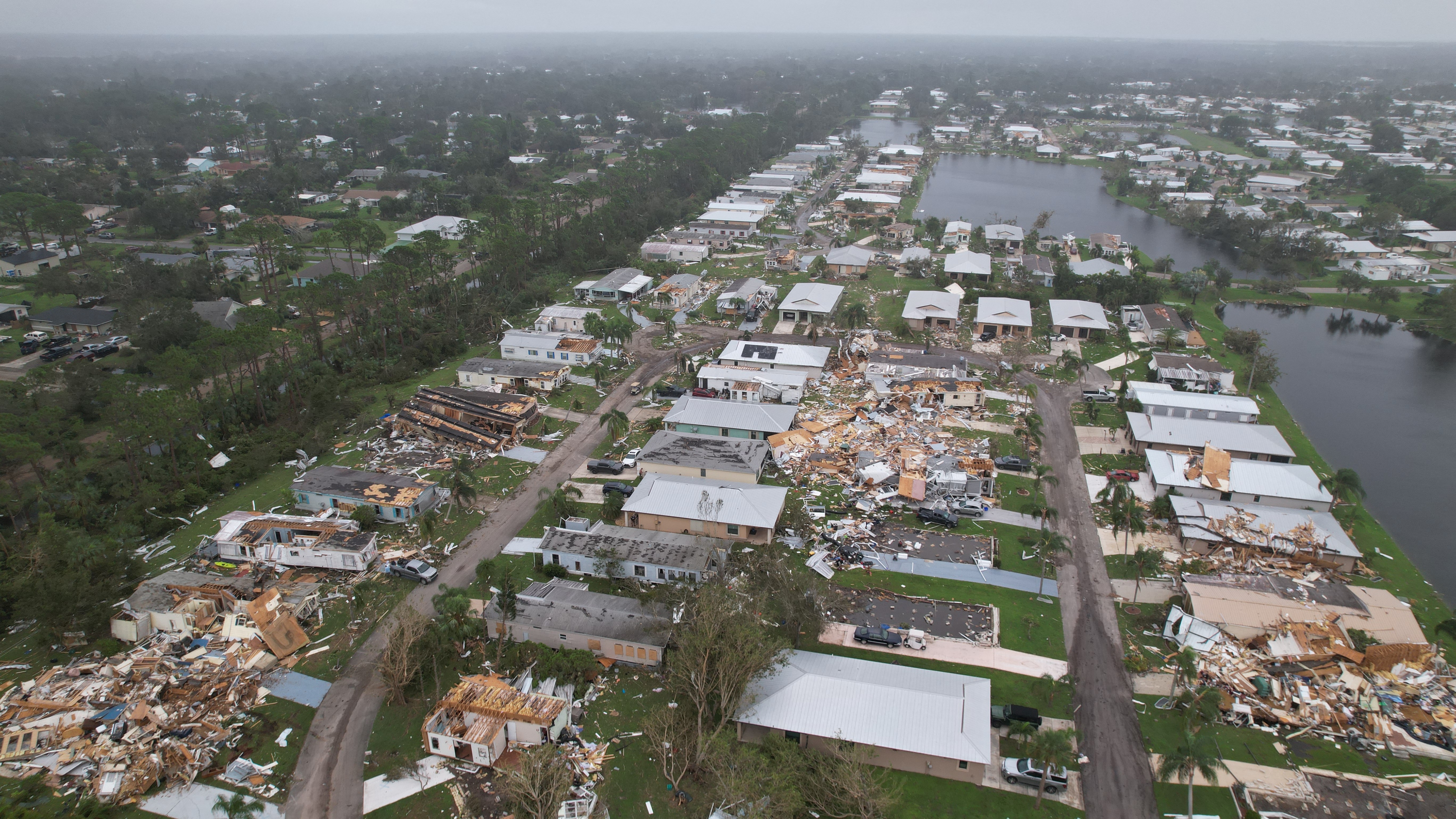 An aerial view shows destruction at the Spanish Lakes country club in Fort Pierce, Fla, Oct. 10, 2024.