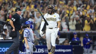 SAN DIEGO, CALIFORNIA – OCTOBER 08: Fernando Tatis Jr. #23 of the San Diego Padres tosses his bat after hitting a home run in the second inning against the Los Angeles Dodgers during Game Three of the Division Series at Petco Park on October 08, 2024 in San Diego, California. (Photo by Sean M. Haffey/Getty Images)