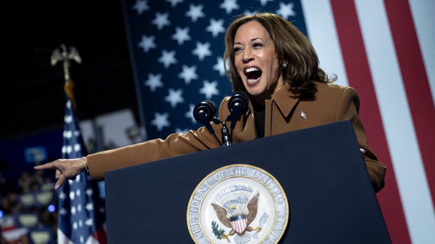 US Vice President and Democratic presidential candidate Kamala Harris speaks during a campaign rally at the Wings Event Center in Kalamazoo, Michigan, October 26, 2024. (Photo by Brendan Smialowski / AFP) (Photo by BRENDAN SMIALOWSKI/AFP via Getty Images)