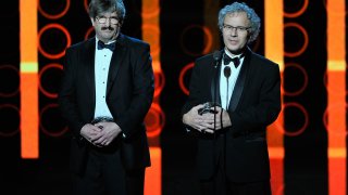 MOUNTAIN VIEW, CA – NOVEMBER 09:  Harvard Medical School Professor and Molecular Biologist Gary Ruvkun and University of Massachusetts Medical School and Developmental Biologist Victor Ambros (R) speak onstage during the Breakthrough Prize Awards Ceremony Hosted By Seth MacFarlane at NASA Ames Research Center on November 9, 2014 in Mountain View, California.  (Photo by Steve Jennings/Getty Images for Breakthrough Prize)