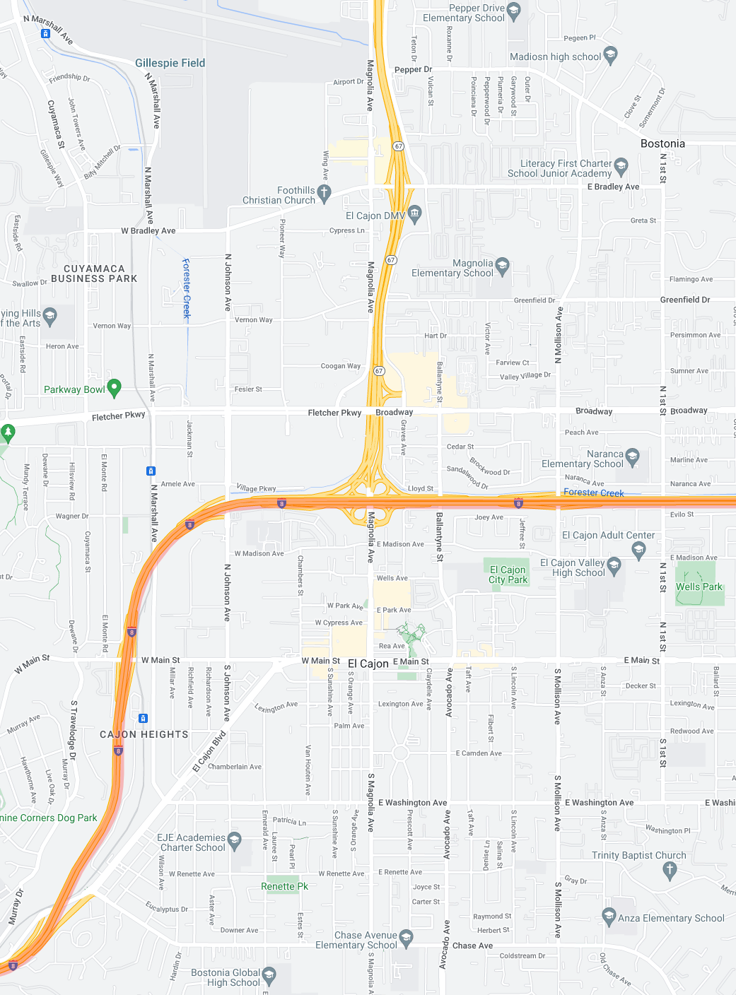 Map of I-8 where ramps to SR-67 and Magnolia Ave. will be closed.