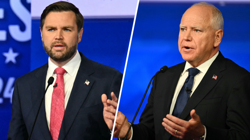 A split image with JD Vance on the left and Tim Walz on the right.