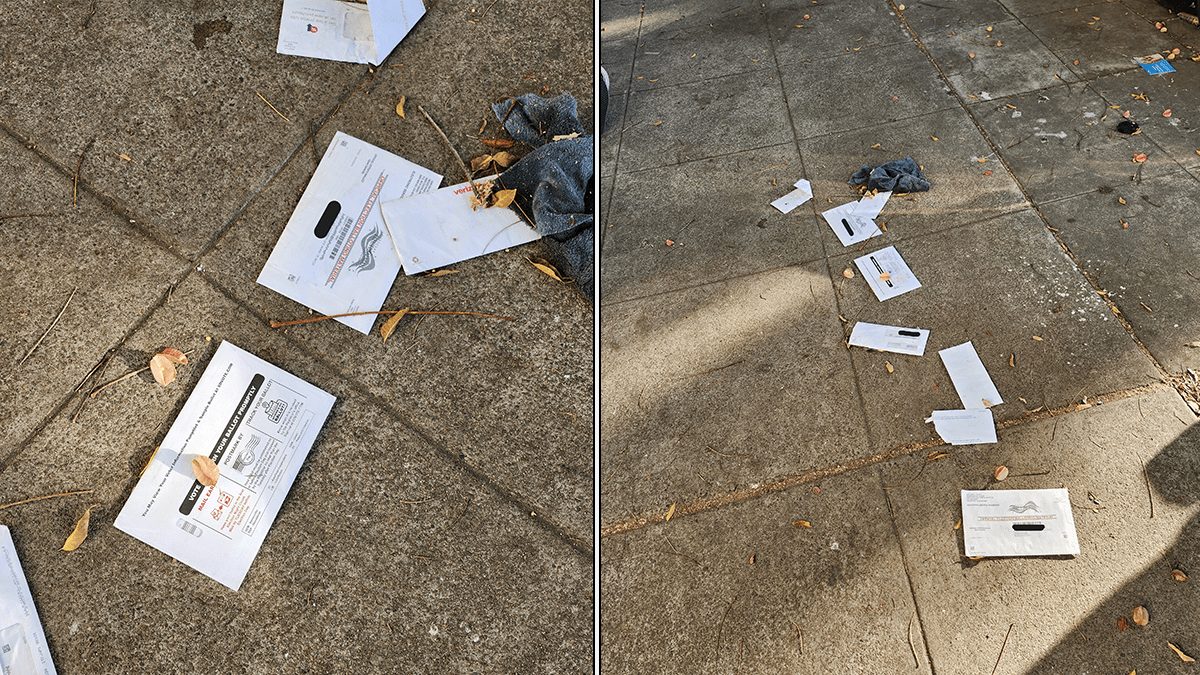 A viewer sent us these pictures of mail-in-ballots and other mail strewn across a sidewalk in East Village.