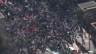 A crowd at a rally in downtown Los Angeles Oct. 5, 2024.