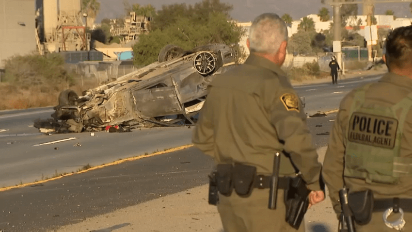 A car rolled over at least once and landed on its top on state Route 905 in Otay Mesa on Oct. 22, 2024.