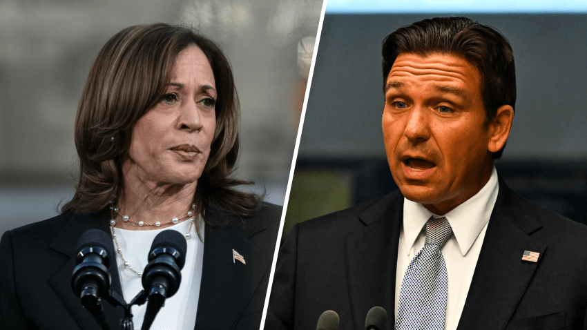 A split image of Kamala Harris on the left and Ron Desantis on the right.