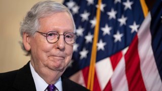 Senate Minority Leader Mitch McConnell, R-Ky., attends a news conference after a lunch meeting with Senate Republicans on Capitol Hill in Washington, D.C., on Feb. 1, 2022.