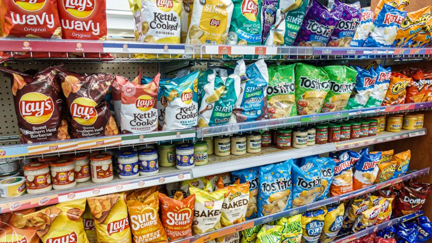 A chip and snack food display at a Miami Beach, Florida, convenience store.