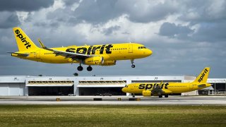 Spirit Airlines airplanes at Fort Lauderdale-Hollywood International Airport (FLL) in Fort Lauderdale, Florida, US.