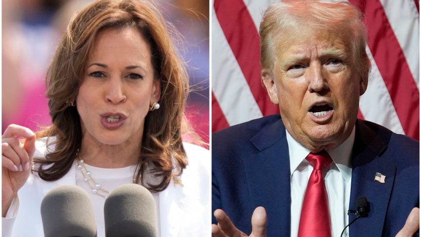 This combination of photos shows Vice President Kamala Harris, left, on Aug. 7, 2024 and Republican presidential candidate former President Donald Trump on July 31, 2024.