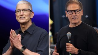 Apple CEO Tim Cook (L), delivers remarks before the start of an Apple event at the Apple headquarters in Cupertino, California, on Sept. 9, 2024 and Mark Cuban (R) answers questions during a small business town hall as part of the Harris-Walz campaign on October 31, 2024 in Atlanta, Georgia, United States.