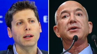 Sam Altman, at left, CEO of OpenAI, attends the 54th annual meeting of the World Economic Forum, in Davos, Switzerland, Jan. 18, 2024, and Amazon CEO Jeff Bezos speaks during the UN Climate Change Conference in Glasgow, Scotland, Nov. 2, 2021.