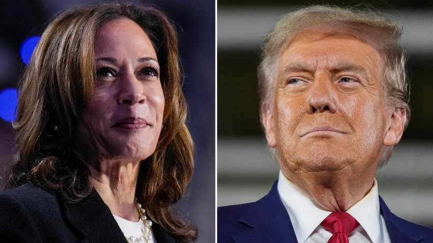 This combination of file photos shows Democratic presidential nominee Vice President Kamala Harris, left, speaking at a campaign rally in Charlotte, N.C., on Sept. 12, 2024, 2024, and Republican presidential nominee former President Donald Trump speaking a town hall campaign event in Warren, Mich., on Sept. 27, 2024. (AP Photo)