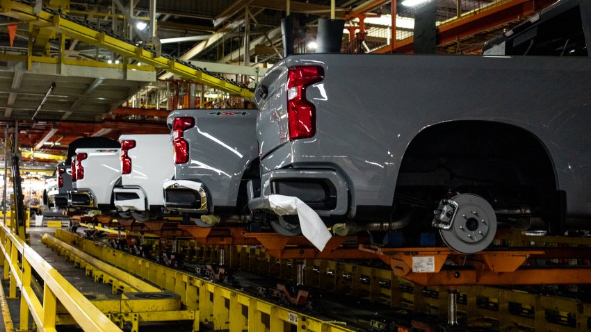 Partially assembled vehicles, including the Chevrolet Silverado 1500 and GMC Sierra 1500, at the General Motors assembly plant in Fort Wayne, Indiana, US, on Tuesday, April 9, 2024. General Motors Co. is scheduled to release earnings figures on April 23. Photographer: Emily Elconin/Bloomberg via Getty Images