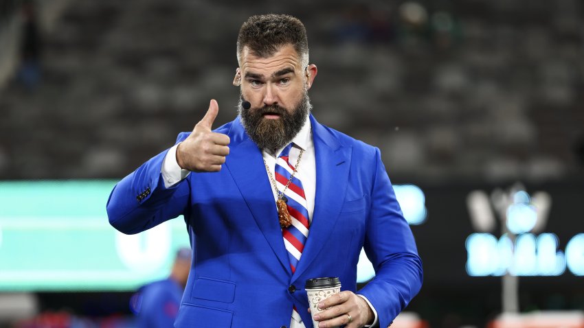 ESPN broadcaster Jason Kelce gives a thumbs-up prior to an NFL game between the New York Jets and the Buffalo Bills at MetLife Stadium on October 14, 2024 in East Rutherford, New Jersey.