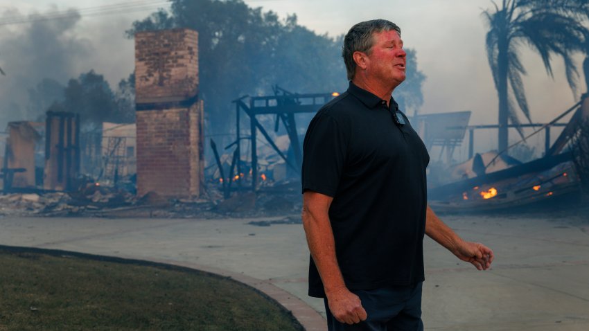 CAMARILLO, CA – NOVEMBER 6, 2024: Resident Steve Taylor gets emotional when he talks about how he and his family have spent every Christmas in his home since 1987 but won’t be able to now since the  wind driven Mountain fire destroyed his house on November 6, 2024 in the Camarillo, California. (Gina Ferazzi / Los Angeles Times via Getty Images)