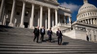 WASHINGTON, DC – NOVEMBER 12: (R-L) U.S. House Majority Whip Rep. Tom Emmer (R-MN), U.S. House Majority Leader Rep. Steve Scalise (R-LA), U.S. Speaker of the House Mike Johnson (R-LA) and Chair of the National Republican Congressional Committee Rep. Richard Hudson (R-NC) arrive for a news conference on the results of the 2024 election outside of the U.S. Capitol Building on November 12, 2024 in Washington, DC. Lawmakers returned to Washington today for a lame-duck session after Republicans took control of the Senate and appear poised to keep control of the House, giving President-Elect Donald Trump full control over the next Congress. (Photo by Andrew Harnik/Getty Images)