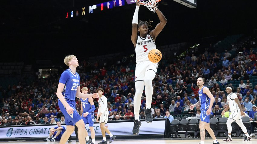 LAS VEGAS, NV – NOVEMBER 26: San Diego State Aztecs forward Pharaoh Compton (5) dunks the ball during a game against the Creighton Bluejays at the Players Era Festival on Tuesday, Nov. 26, 2024, at the MGM Grand Garden Arena in Las Vegas, Nevada. (Photo by Marc Sanchez/Icon Sportswire via Getty Images)