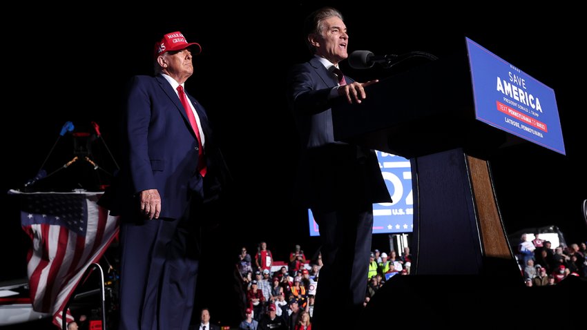 Mehmet Oz, then a Republican Senate candidate, and Donald Trump at a rally in Latrobe, Pa., on Nov. 5, 2022.