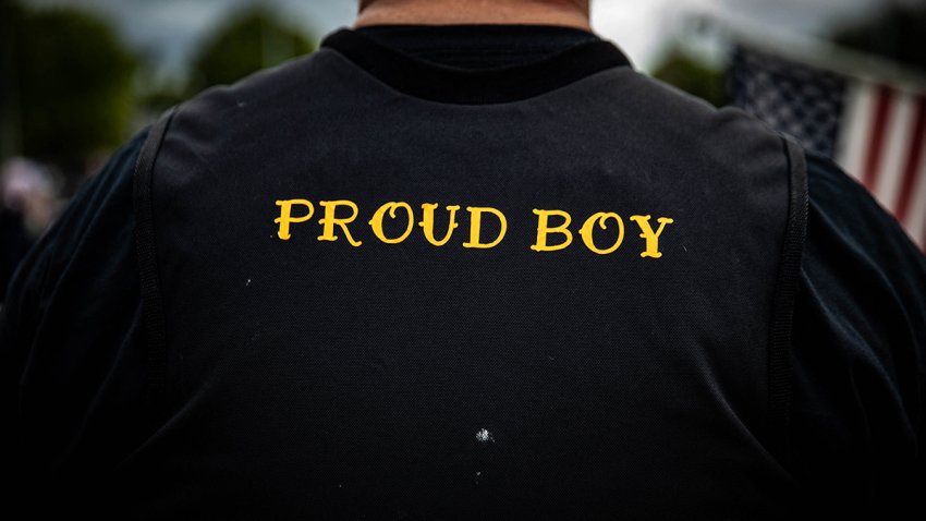 A man wears a Proud Boys vest in Portland, Ore., on Sept. 26, 2020.