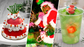 Who pudding (left) and Grinch heart lemonade (right) are two of the Grinch-themed food and drink items on the menu at Universal Studios Hollywood’s “Grinchmas.”