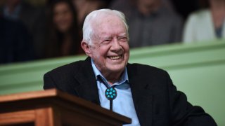 Former U.S. President Jimmy Carter speaks to the congregation at Maranatha Baptist Church before teaching Sunday school in his hometown of Plains, Georgia on April 28, 2019. Carter, 94, has taught Sunday school at the church on a regular basis since leaving the White House in 1981.