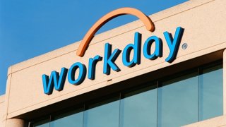 A close-up of the Workday logo on its headquarters in Pleasanton, California.