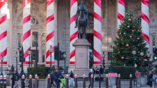 The columns of Royal Exchange are dressed for Christmas, at Bank in the City of London, the capital’s financial district, on 20th November 2024, in London, England.