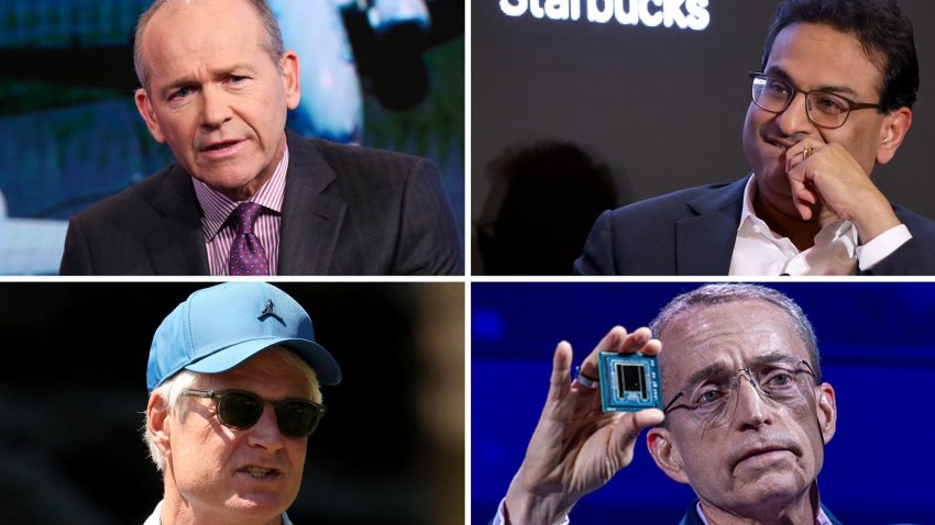 Clockwise from top: Former Boeing CEO Dave Calhoun (CNBC), Starbucks former CEO Laxman Narasimhan (Getty Images), former Nike CEO John Donahoe (Reuters), former Intel CEO Pat Gelsinger (Getty Images)